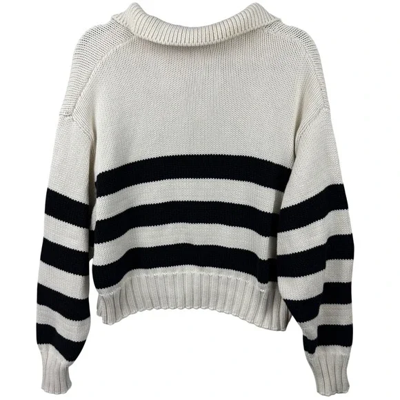 Quince Cropped Polo Sweater Womens Medium Ivory Black Striped Cotton Preppy - Picture 3 of 12